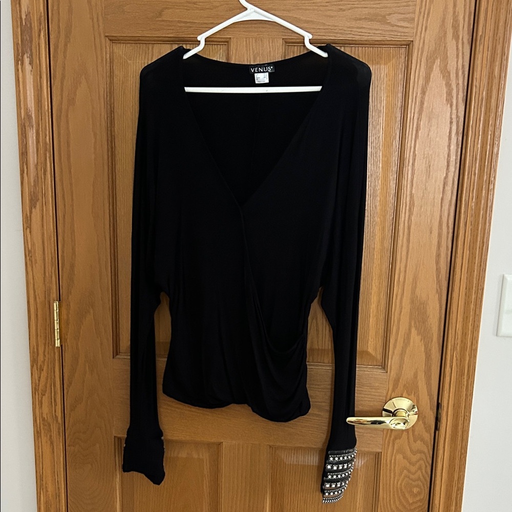 VENUS Black Long Sleeve Blouse with Studded Cuffs